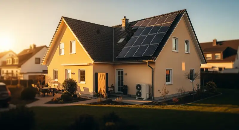 Einfamilienhaus in Weinheim mit Photovoltaik-Anlage auf dem Dach und Luft-Wärmepumpe im Garten