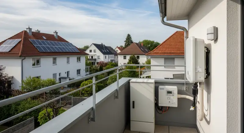 Modern German electrical meter cabinet (Zählerschrank) with smart meter and solar inverter connection, clean technical installation