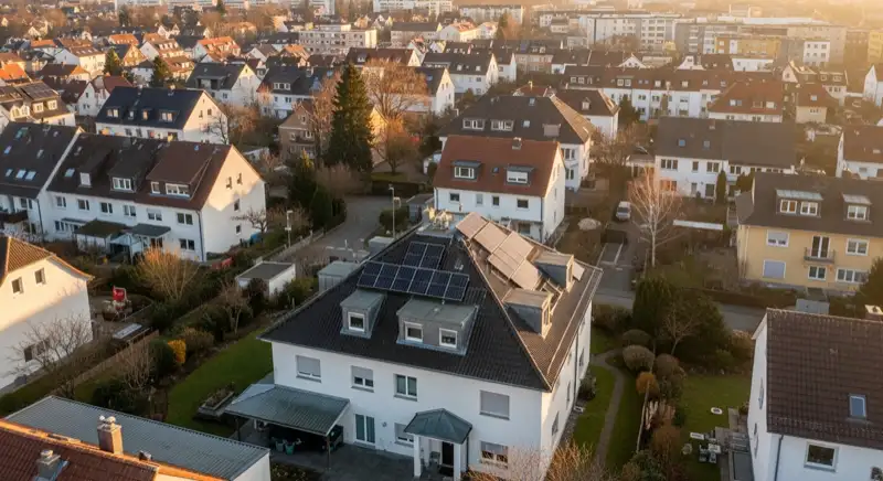 Aerial drone view of typical German residential neighborhood with mixed roof types, red and dark roof tiles, gardens visible, sunny day