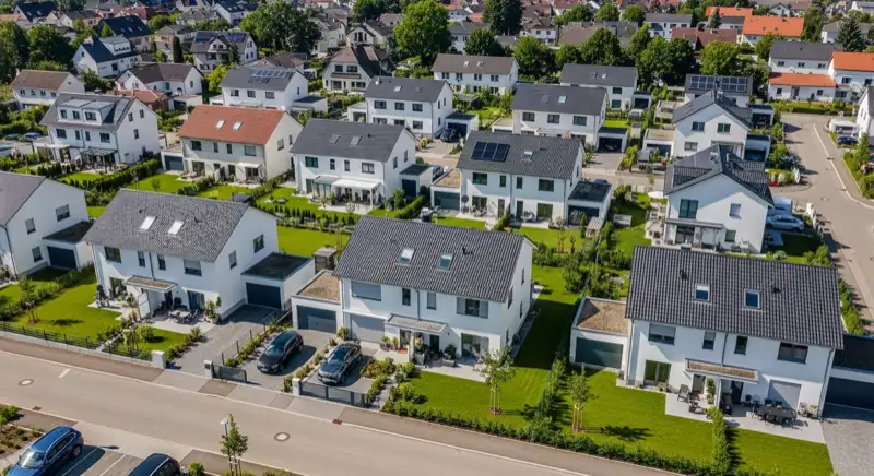 Luftaufnahme Weinheimer Neubaugebiet mit modernen Einfamilienhäusern und sichtbaren Wärmepumpen-Außengeräten