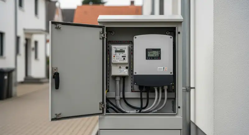 Modern German electrical meter cabinet (Zählerschrank) with smart meter and solar inverter connection, clean technical installation
