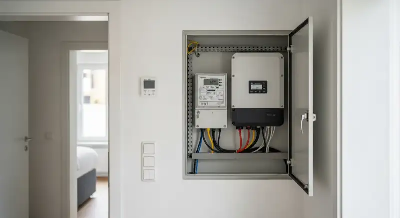 Modern German electrical meter cabinet (Zählerschrank) with smart meter and solar inverter connection, clean technical installation