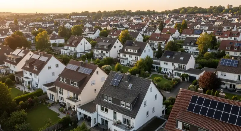 Aerial drone view of typical German residential neighborhood with mixed roof types, red and dark roof tiles, gardens visible, sunny day