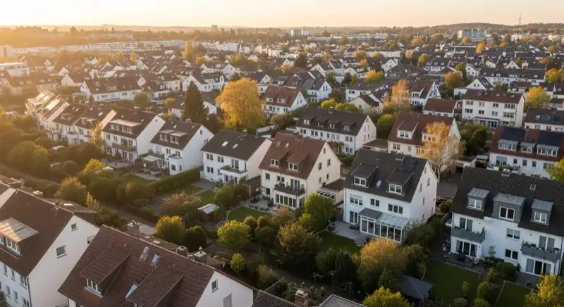 Aerial drone view of typical German residential neighborhood with mixed roof types, red and dark roof tiles, gardens visible, sunny day