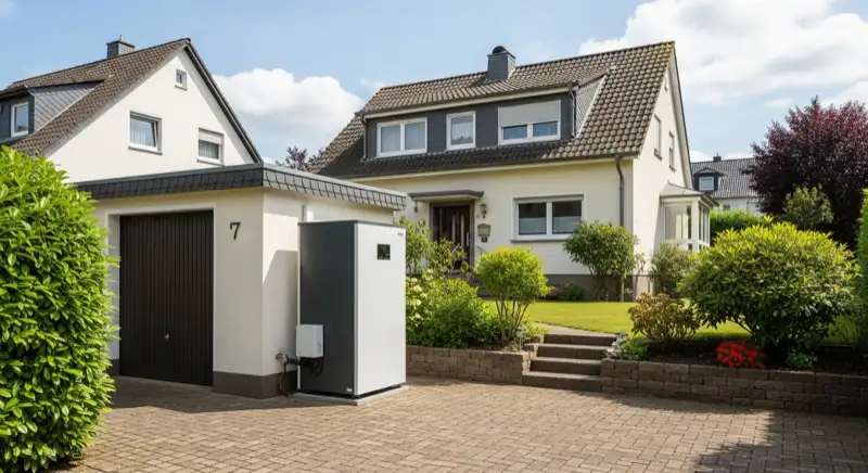 Moderne Luft-Wasser-Wärmepumpe vor Einfamilienhaus in Wiesbadener Stadtteil mit gepflegtem Garten