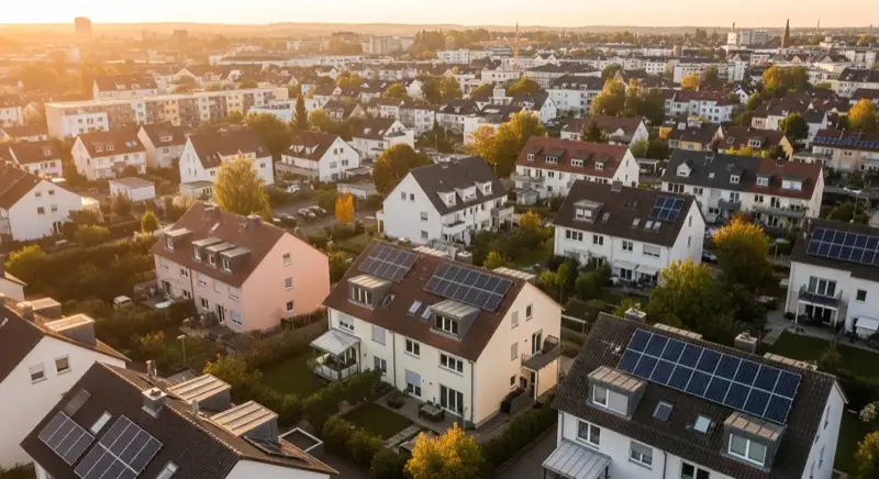 Aerial drone view of typical German residential neighborhood with mixed roof types, red and dark roof tiles, gardens visible, sunny day