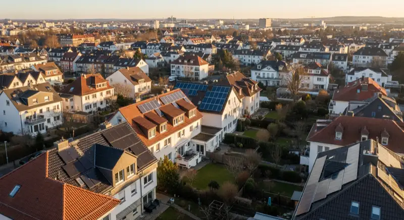 Aerial drone view of typical German residential neighborhood with mixed roof types, red and dark roof tiles, gardens visible, sunny day