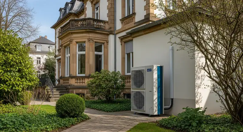 Moderne Wärmepumpen-Außeneinheit vor historischer Gründerzeit-Villa in Wiesbaden