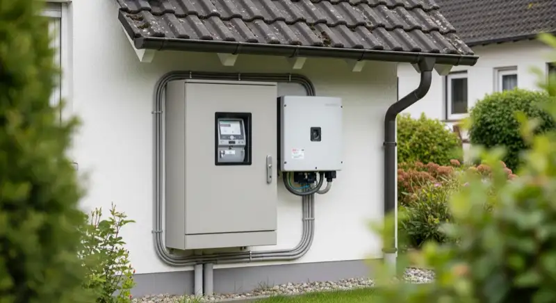 Modern German electrical meter cabinet (Zählerschrank) with smart meter and solar inverter connection, clean technical installation