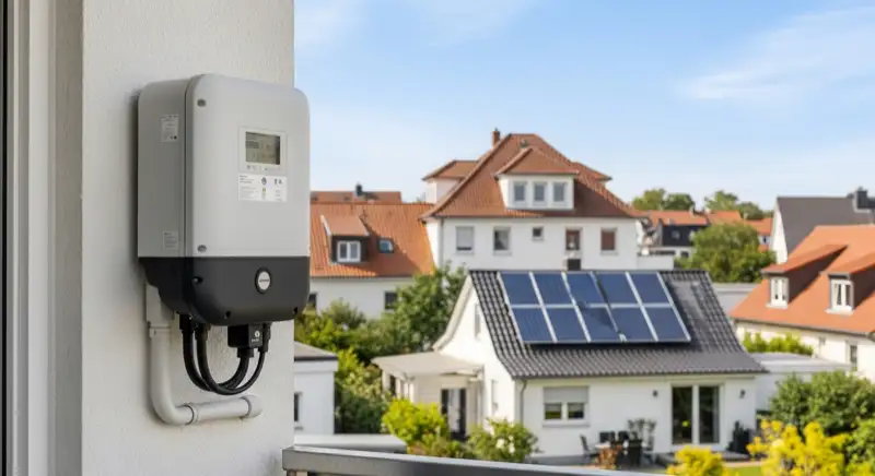 Modern German electrical meter cabinet (Zählerschrank) with smart meter and solar inverter connection, clean technical installation