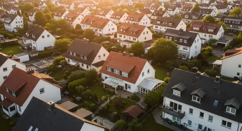 Aerial drone view of typical German residential neighborhood with mixed roof types, red and dark roof tiles, gardens visible, sunny day