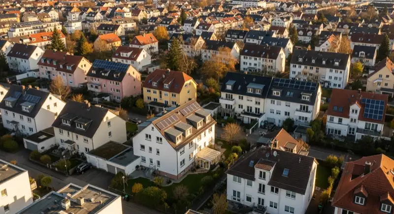 Aerial drone view of typical German residential neighborhood with mixed roof types, red and dark roof tiles, gardens visible, sunny day