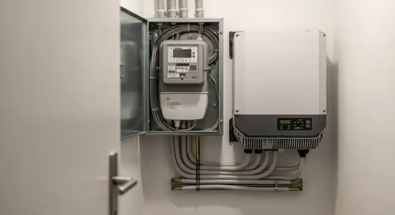 Modern German electrical meter cabinet (Zählerschrank) with smart meter and solar inverter connection, clean technical installation