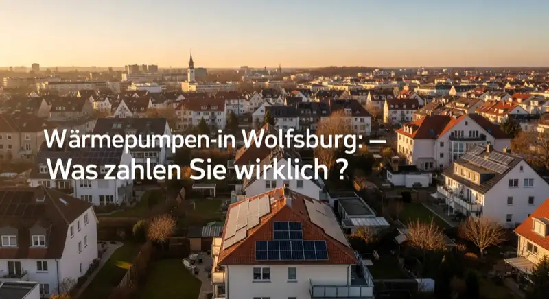 Aerial drone view of typical German residential neighborhood with mixed roof types, red and dark roof tiles, gardens visible, sunny day