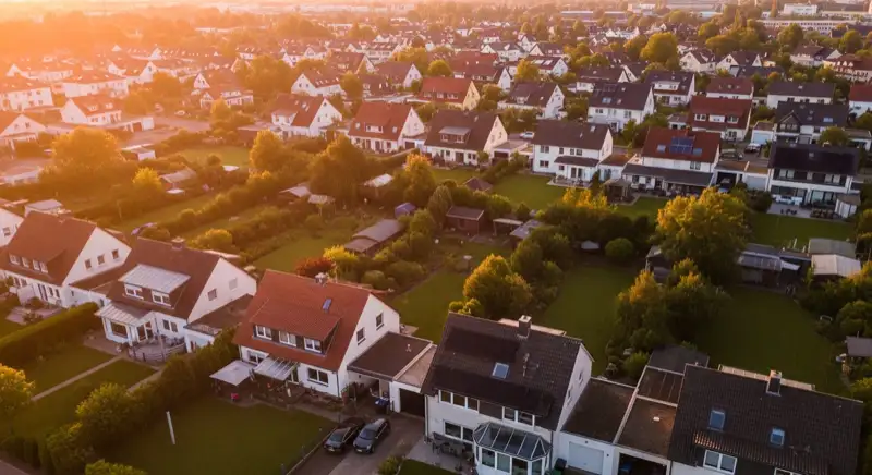 Aerial drone view of typical German residential neighborhood with mixed roof types, red and dark roof tiles, gardens visible, sunny day