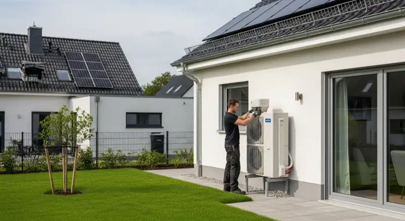 Installateur montiert Wärmepumpen-Außeneinheit vor modernem Wolfsburger Einfamilienhaus