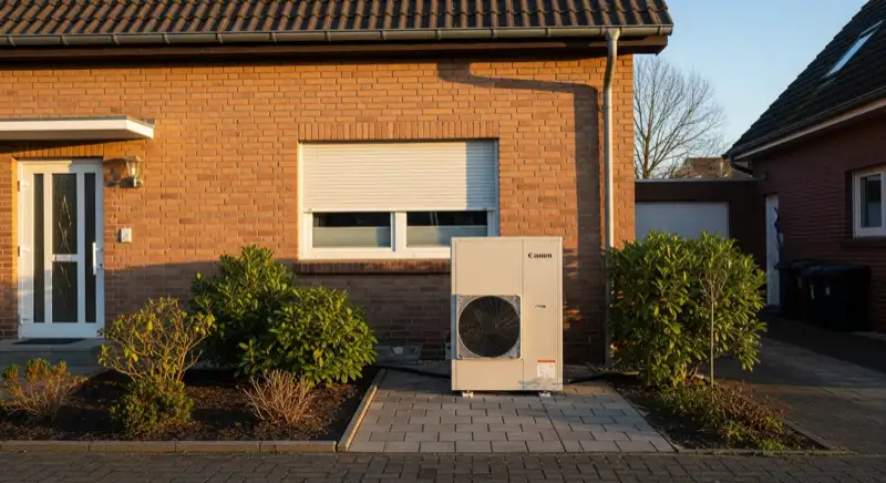 Moderne Luft-Wasser-Wärmepumpe vor einem typischen Wolfsburger Einfamilienhaus mit Klinker-Fassade