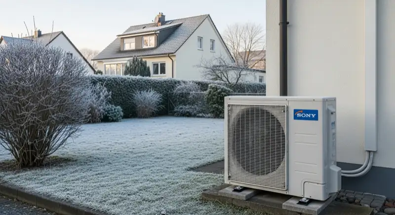 Fachinstallateur bei der Montage einer Wärmepumpe an einem Wolfsburganer Einfamilienhaus