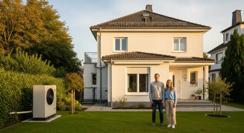 Moderne Luft-Wasser-Wärmepumpe im Garten eines Einfamilienhauses in Wolfsburg-Vorsfelde mit norddeutscher Backsteinarchitektur