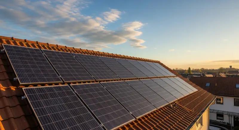 Close-up of photovoltaic solar panels installed on a traditional German Satteldach (gabled roof), blue sky with some clouds