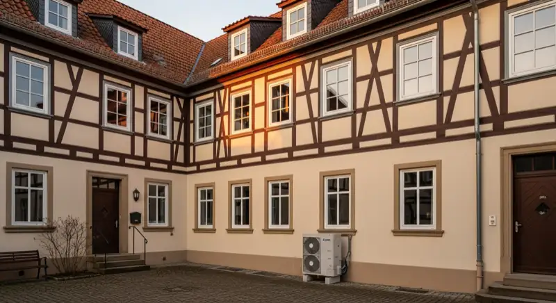 Altstadthaus in Wolgast mit unauffälligem Wärmepumpen-Außengerät im Hof