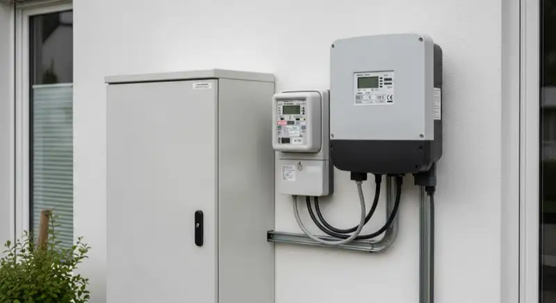 Modern German electrical meter cabinet (Zählerschrank) with smart meter and solar inverter connection, clean technical installation
