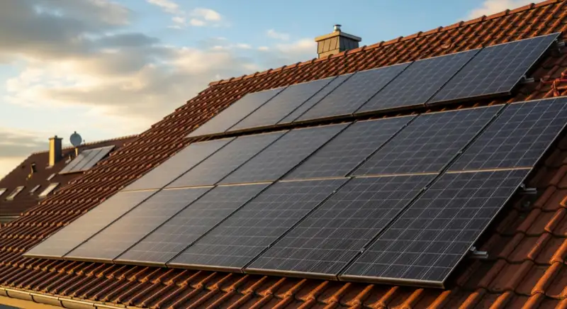 Close-up of photovoltaic solar panels installed on a traditional German Satteldach (gabled roof), blue sky with some clouds