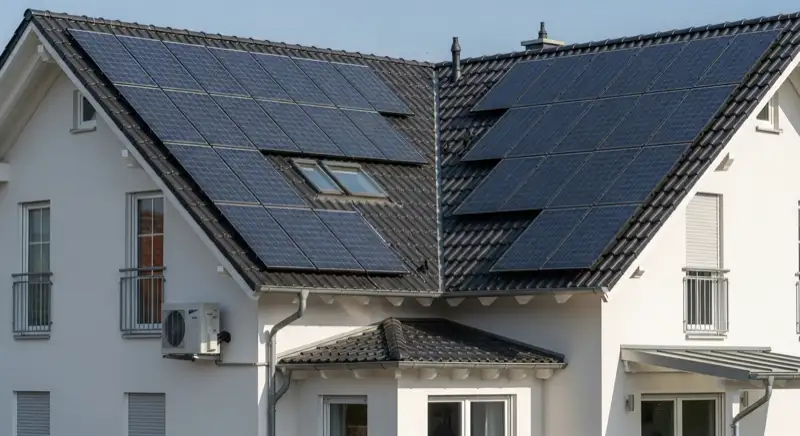 Freistehendes Einfamilienhaus in Hohendorf mit großem Satteldach, Solarmodulen und Wärmepumpen-Außengerät