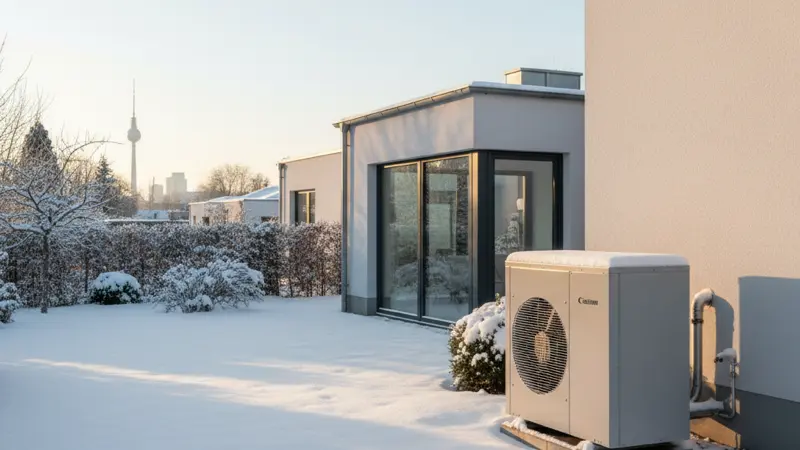 Moderne Luft-Wärmepumpe vor einem Würzburger Einfamilienhaus im Winter