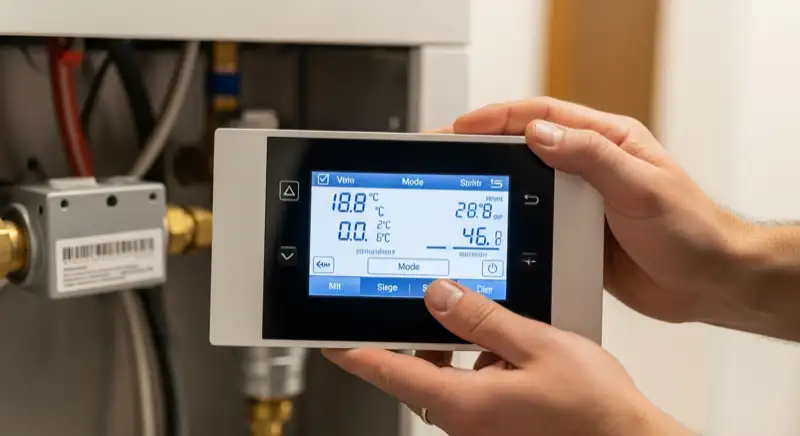 Fachhandwerker installiert Luft-Wasser-Wärmepumpe an Würzburger Altbau