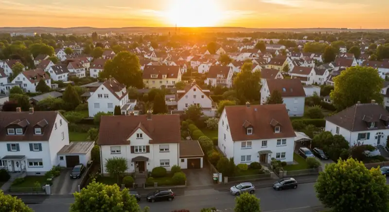 Wohngebiete in Würzburg mit verschiedenen Bauformen, typische Einfamilienhäuser und Dachstrukturen aus der Luft