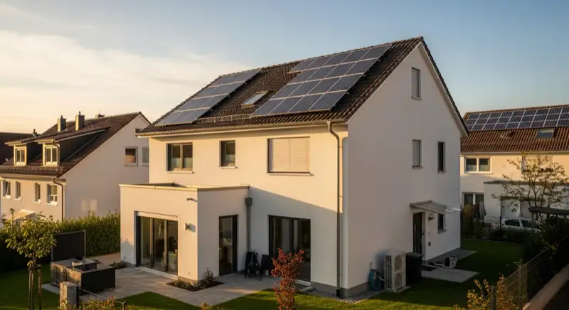 Einfamilienhaus in Würzburg mit Photovoltaikanlage auf dem Dach und Wärmepumpen-Außengerät im Garten