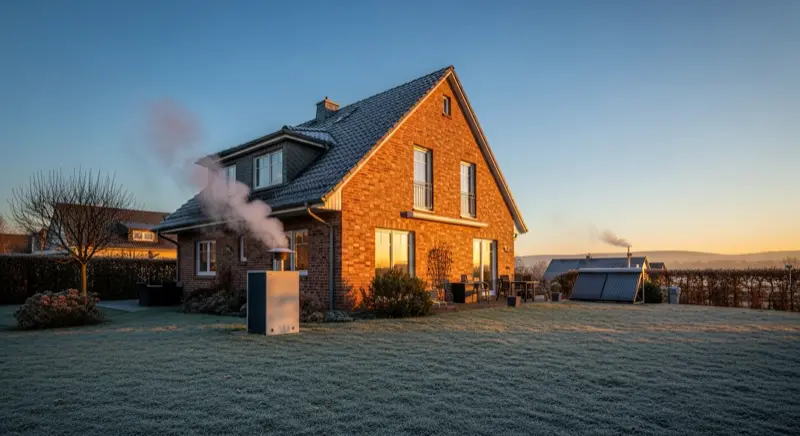 Einfamilienhaus in Würzburg-Heuchelhof im Winter mit laufender Wärmepumpe und warmem Licht