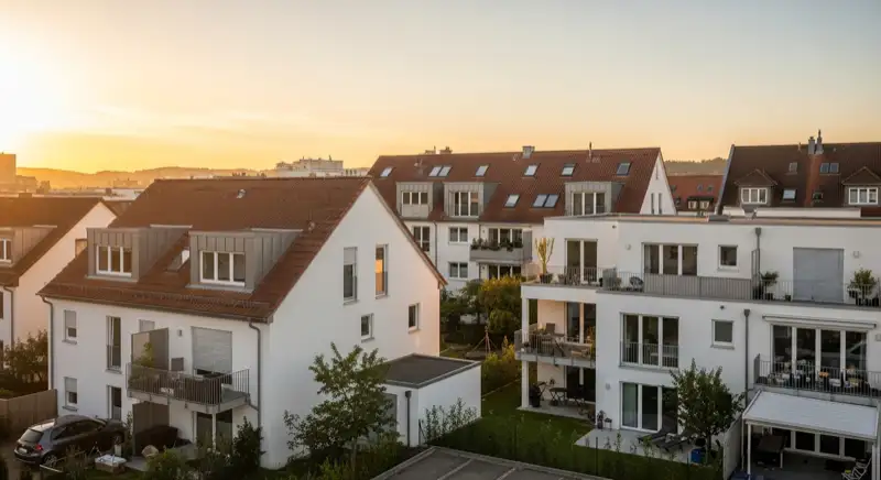 Wohngebiete in Würzburg mit verschiedenen Bauformen, typische Einfamilienhäuser und Dachstrukturen aus der Luft