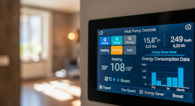 Smart-Home-Display mit Wärmepumpen-Steuerung und Energieverbrauchsanzeige in einem modernen Würzburger Wohnzimmer