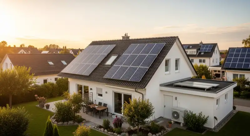 German detached house (Einfamilienhaus) with photovoltaic panels on pitched roof, well-maintained garden, warm afternoon sunlight