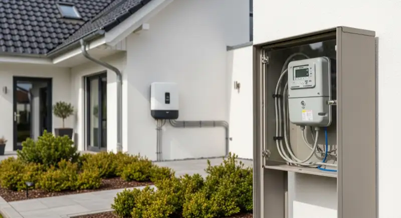 Modern German electrical meter cabinet (Zählerschrank) with smart meter and solar inverter connection, clean technical installation