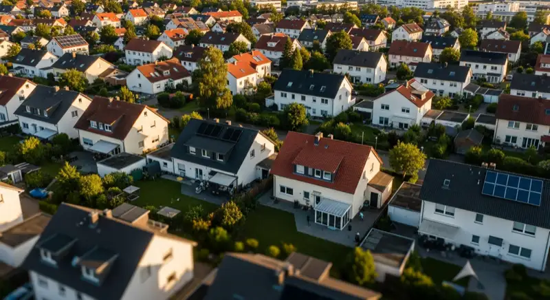 Aerial drone view of typical German residential neighborhood with mixed roof types, red and dark roof tiles, gardens visible, sunny day