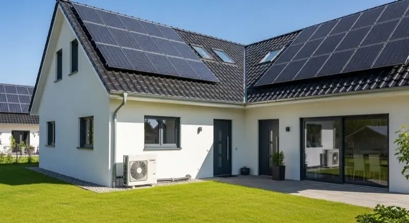 Einfamilienhaus in Wunstorf mit Wärmepumpen-Außeneinheit im Garten und Photovoltaik-Modulen auf dem Satteldach