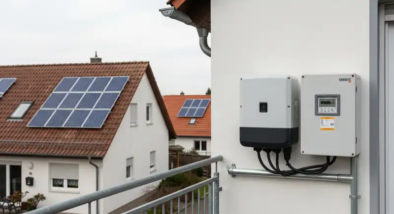 Modern German electrical meter cabinet (Zählerschrank) with smart meter and solar inverter connection, clean technical installation