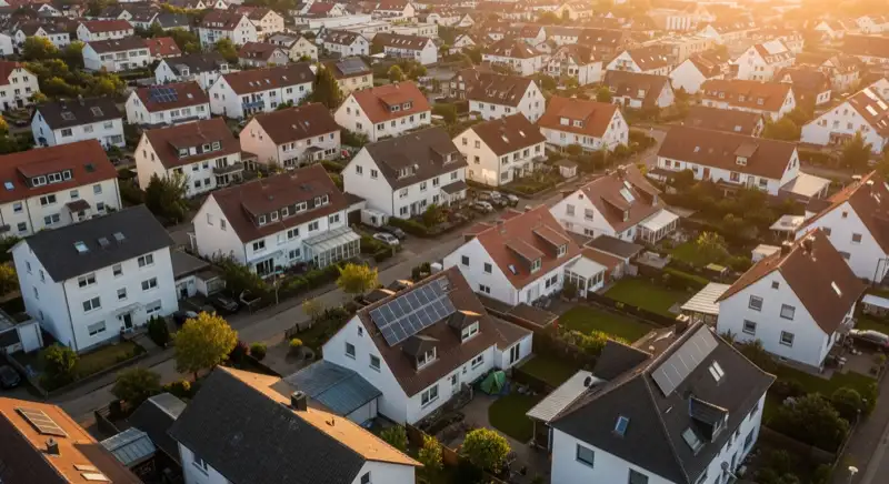 Aerial drone view of typical German residential neighborhood with mixed roof types, red and dark roof tiles, gardens visible, sunny day