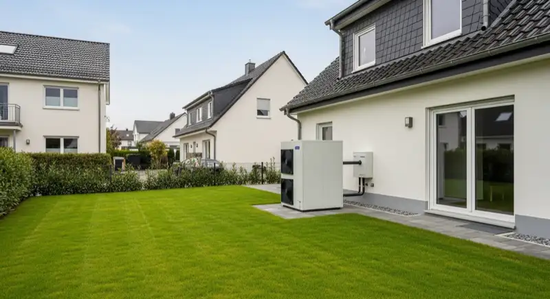 Moderne Luft-Wasser-Wärmepumpe im Garten eines Einfamilienhauses in Wunstorf