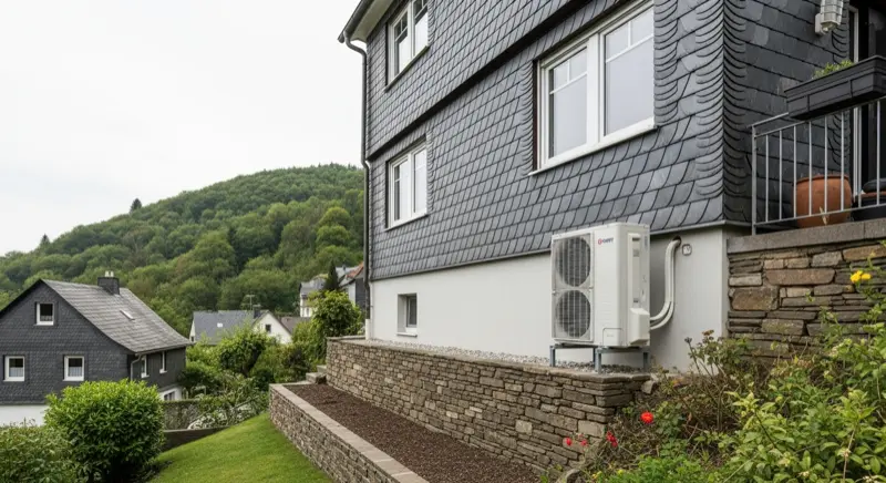 Energieberater zeigt Hauseigentümer die Wärmepumpen-Planung für ein Wuppertaler Haus