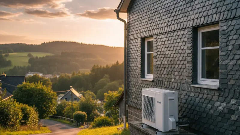 Wärmepumpe an einem Wuppertaler Haus in steiler Hanglage mit Schieferfassade
