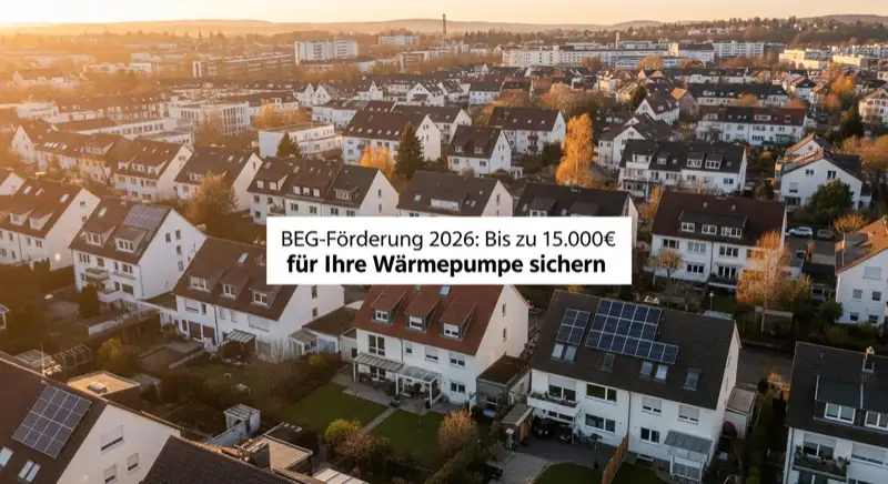 Aerial drone view of typical German residential neighborhood with mixed roof types, red and dark roof tiles, gardens visible, sunny day