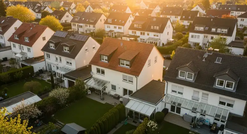 Aerial drone view of typical German residential neighborhood with mixed roof types, red and dark roof tiles, gardens visible, sunny day