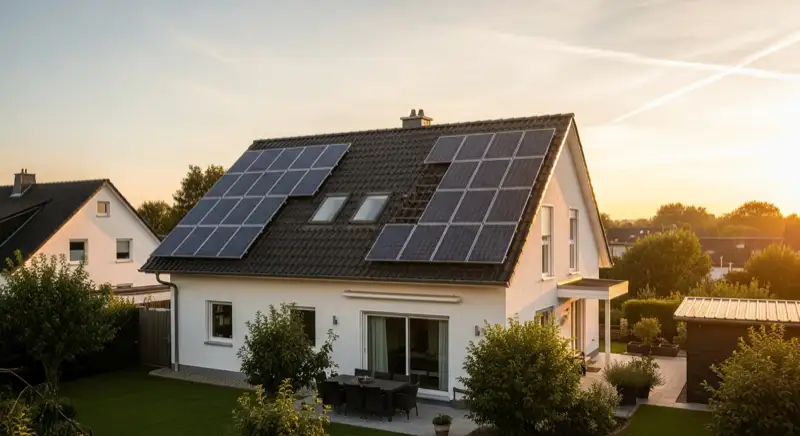 German detached house (Einfamilienhaus) with photovoltaic panels on pitched roof, well-maintained garden, warm afternoon sunlight