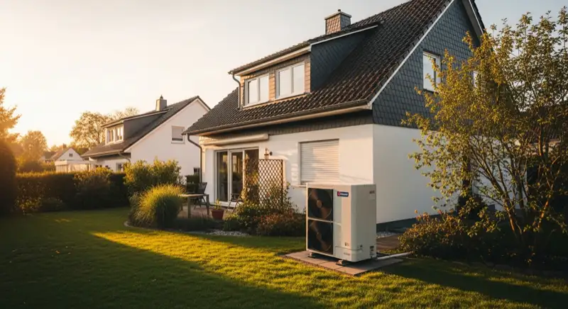 Einfamilienhaus in Ronsdorf mit Wärmepumpen-Außeneinheit im Garten