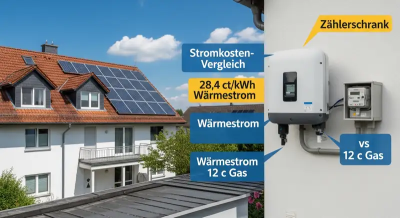 Modern German electrical meter cabinet (Zählerschrank) with smart meter and solar inverter connection, clean technical installation