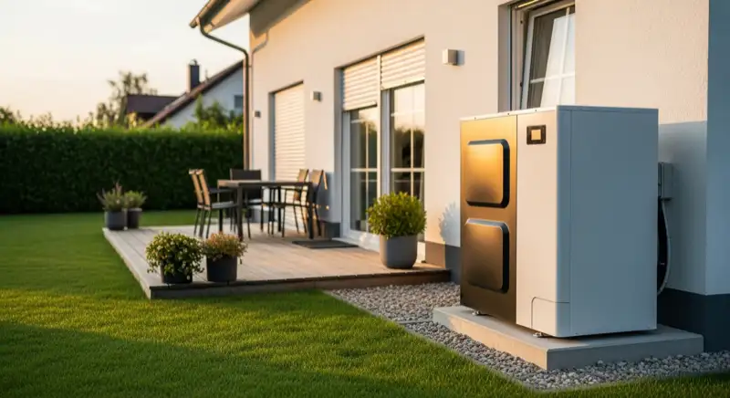 Luft-Wasser-Wärmepumpe neben der Terrasse eines Einfamilienhauses im Abendlicht